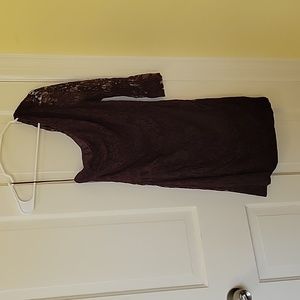 Asymmetrical sleeved, lace overlay, ruched mini dress